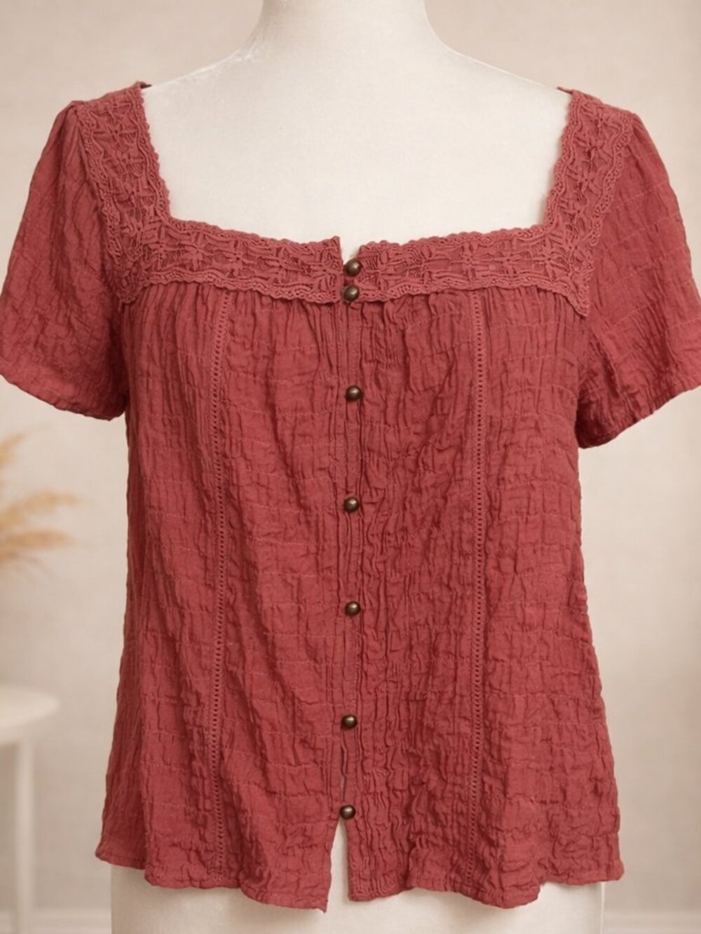Rose Textured Lace‑Trim Blouse Square Neck  Button Front Boho Fairycore Romantic